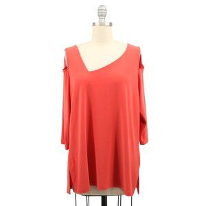 Sympli Asymmetrical V-neck 3/4 Sleeve Layered Focus Tunic Top Coral Orange 16